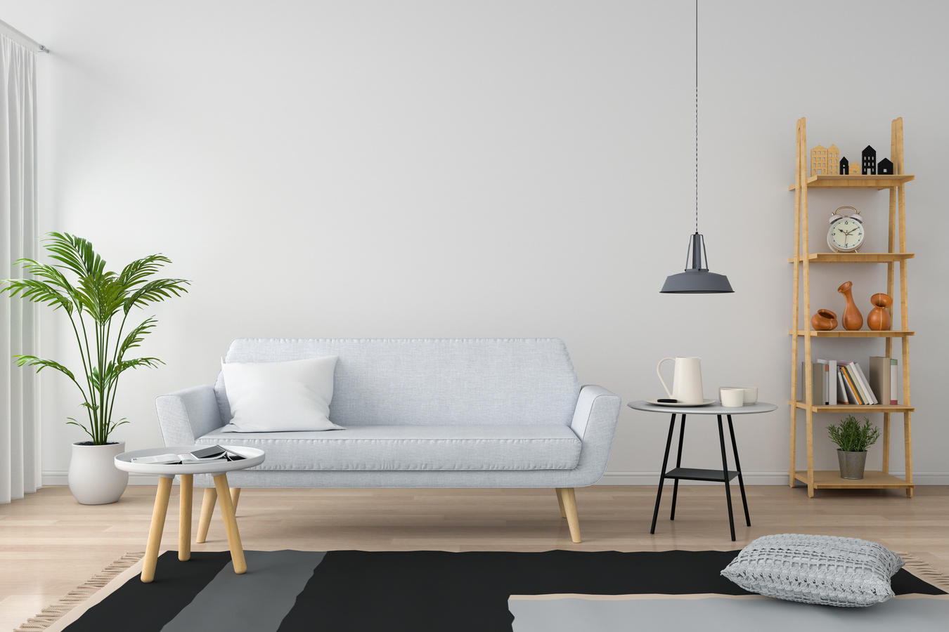 gray sofa in white living room, 3D rendering